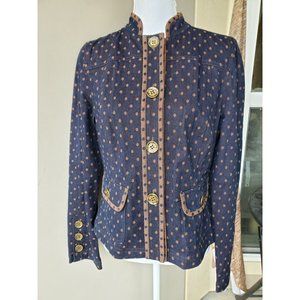 Doncaster Sport Denim Jacket Women 6 Navy Blue Brown Polka Dots Button Up